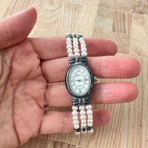 Gems 925 Sterling silver white pearl beaded bracelet dress watch NEW BATTERY